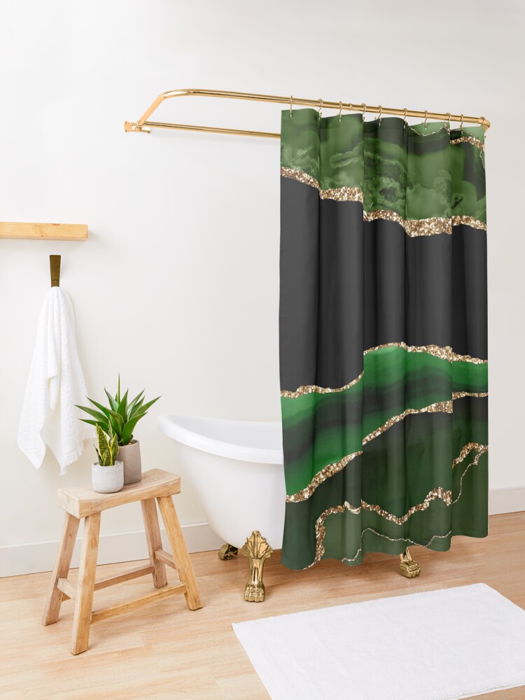 Thumbnail 3 of 5, Shower Curtain, Emerald Green Faux Malachite Marble designed and sold by MysticMarble.