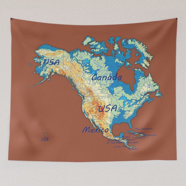 Item preview, map of NORTH AMERICA with relief topographic map of NORTH AMERICA with Major Lakes and Rivers, Country Borders  designed and sold by mashmosh.