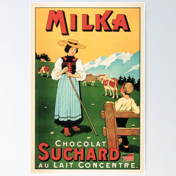 Vista previa del artículo con la obra «MILKA CHOCOLAT SUCHARD Chocolates suizos con leche Anuncio vintage», diseñado y vendido por retroposters.