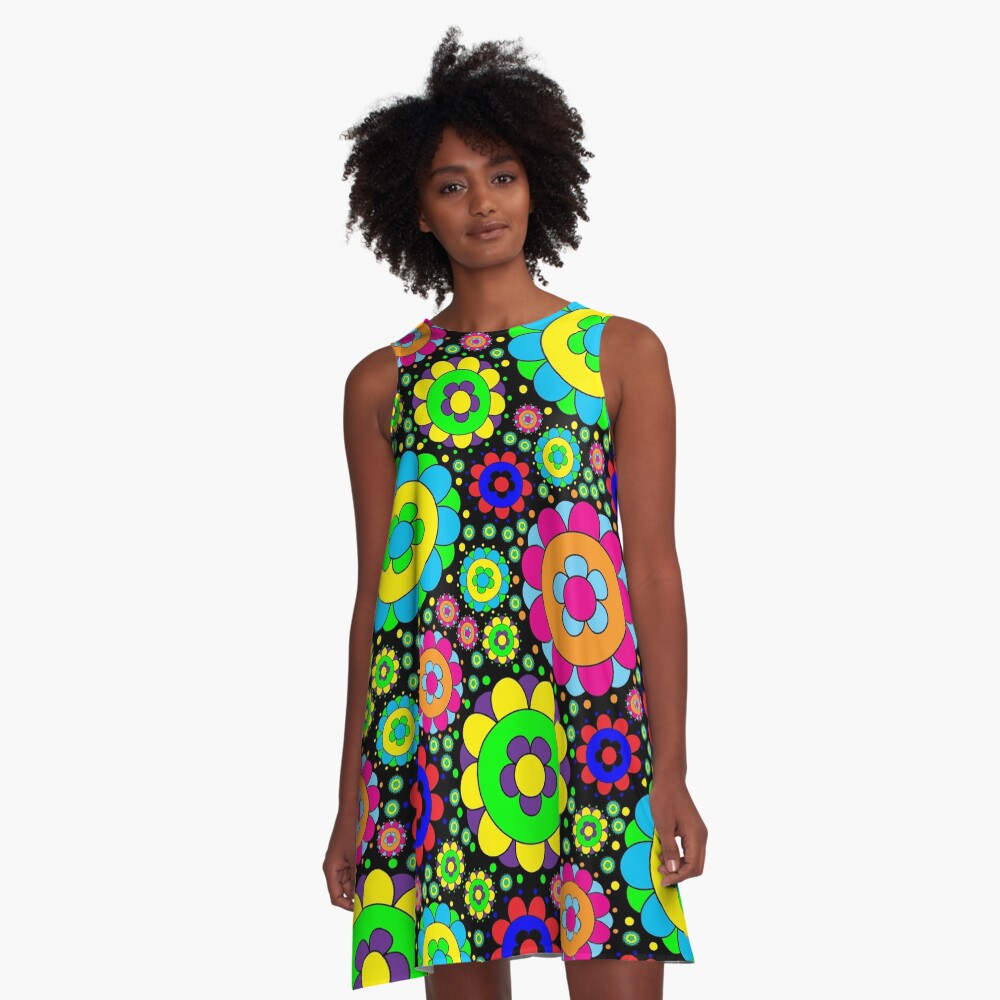 Flower Power Vintage 60s 70s Hippie Retro Flowers A-Line Dress