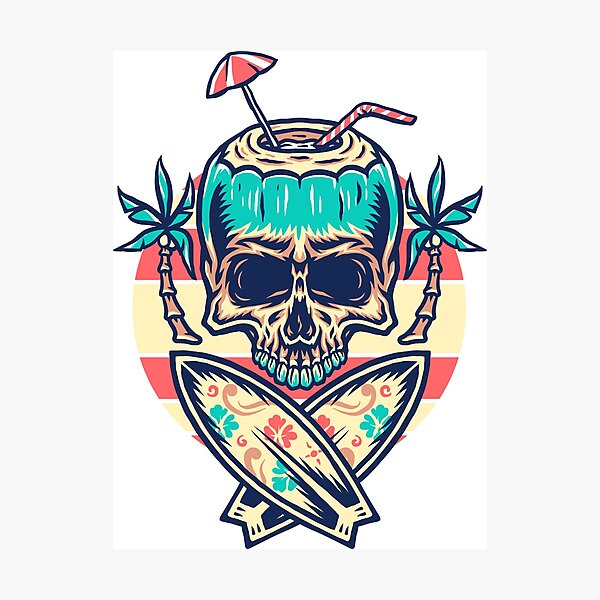 Item preview, Skull with surfboards and palm trees on the beach - cool surfer designed and sold by stylishmerch.