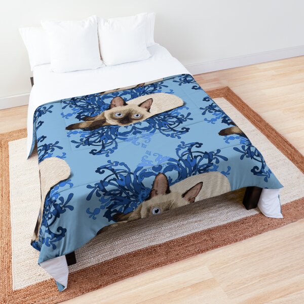 Elegant Blue Floral Siamese Cat Pretty Feline Comforter