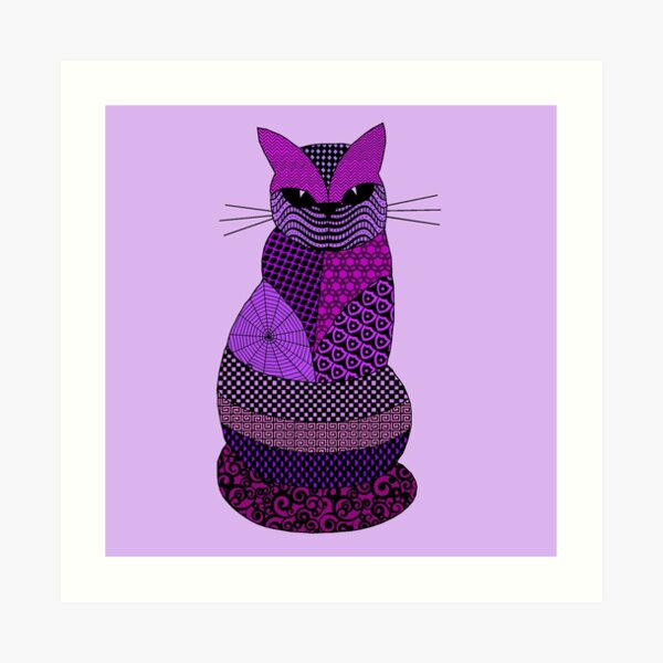 Purple Cat Zen Tangle Pretty Feline Art Pattern Art Print