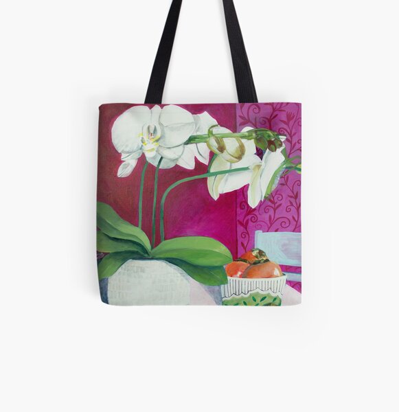 White Orchid with Persimmons All Over Print Tote Bag