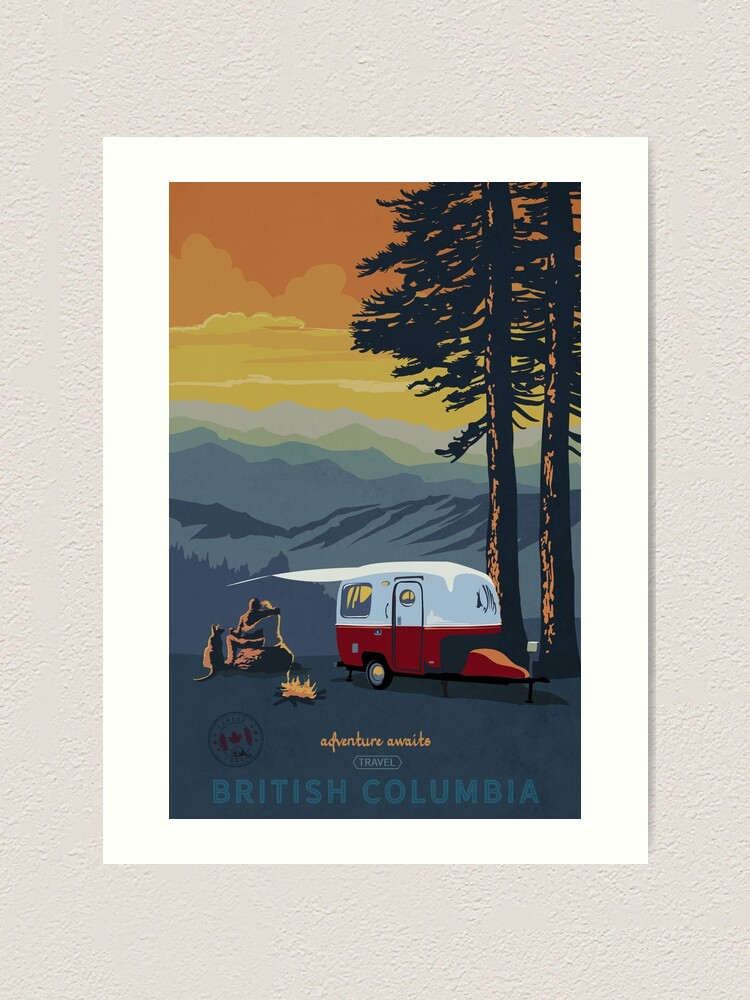 Retro Travel BC camping poster sunset scene | Art Print