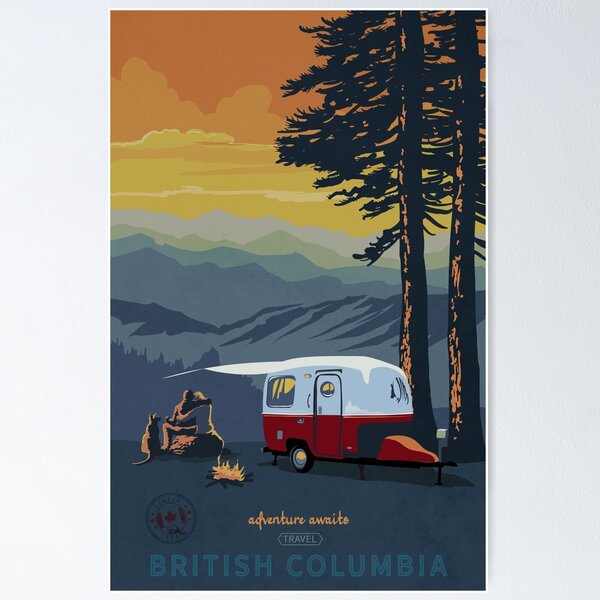 Item preview, Retro Travel BC camping poster sunset scene designed and sold by SFDesignstudio.