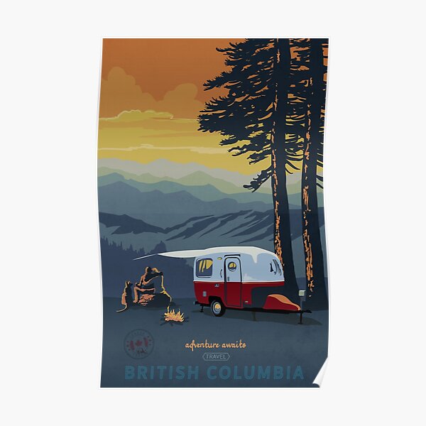 Retro Travel BC camping poster sunset scene Poster