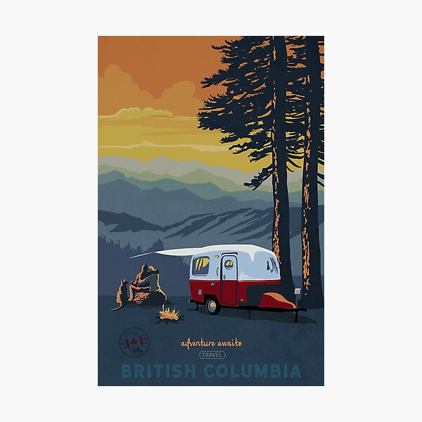 Item preview, Retro Travel BC camping poster sunset scene designed and sold by SFDesignstudio.