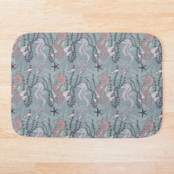 Aquatic Daydream Seahorse Hand Drawn Pastel Print Bath Mat