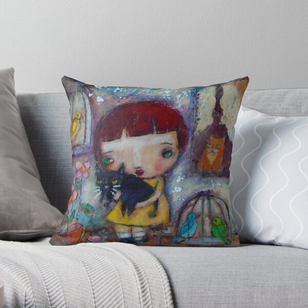Oma's House, a girl holding a black cat Throw Pillow