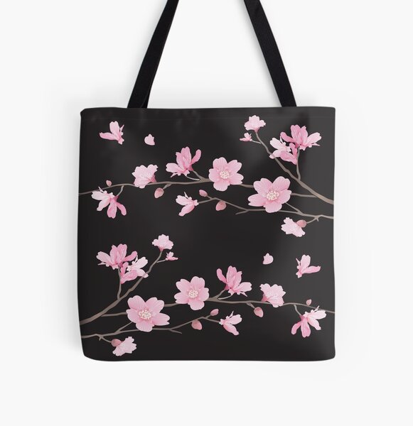 Cherry Blossom Pink Black Tote Bag