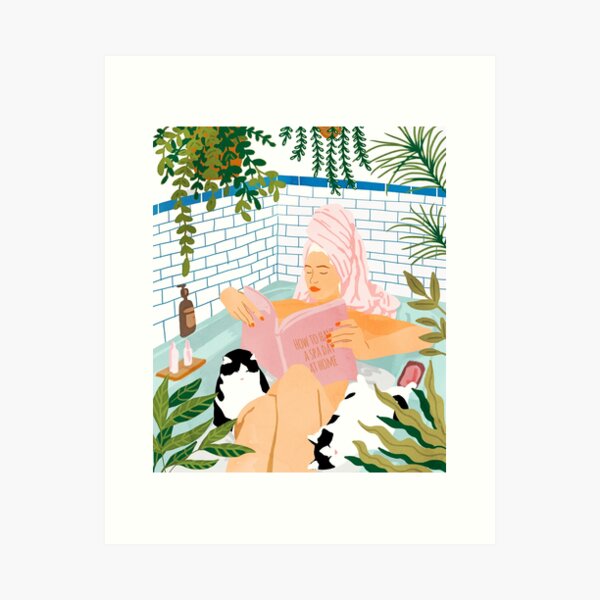 Comment avoir une journée au spa à la maison, chat dame femme baignoire vacances, rester à la maison Illustration, illustration éclectique de plantes excentriques animaux de compagnie chouchouter l'amour de soins personnels Impression artistique