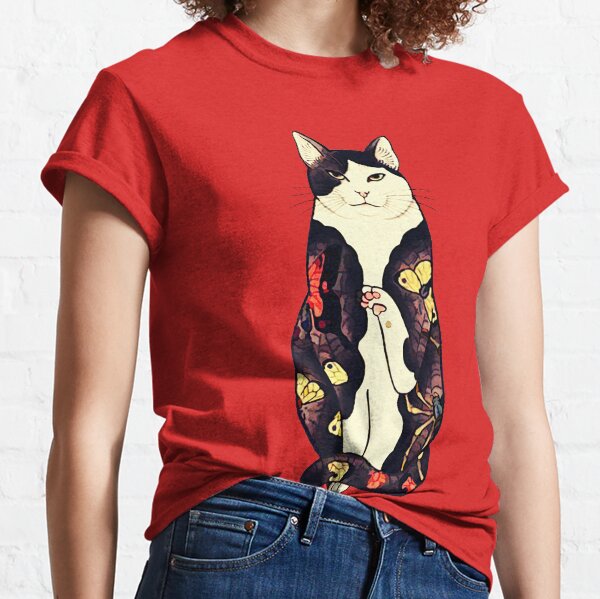 Antique Japanese Woodblock Print Cat with Butterfly and Flower Tattoos Classic T-Shirt