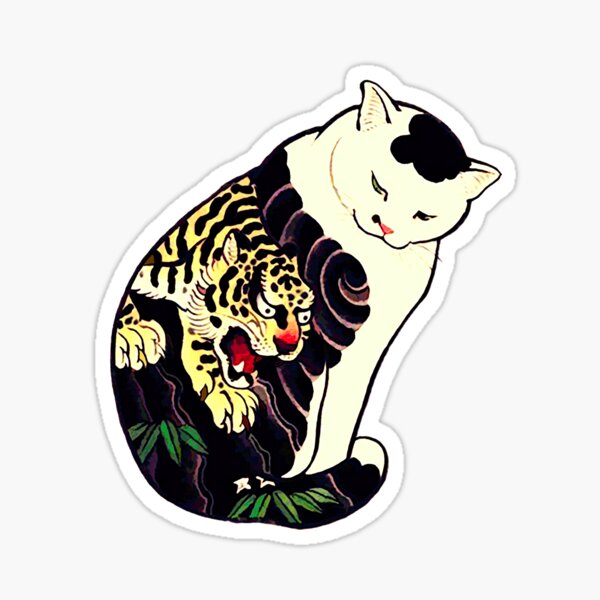 Antique Japanese Woodblock Print Cat with Tiger Tattoo Sticker