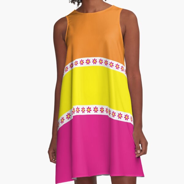 60s Flower Power Hippie Orange Yellow Pink Retro Hippie A-Line Dress