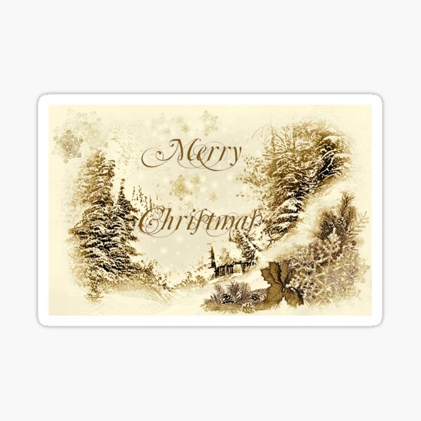 Merry Christmas Vintage Gold Winter Landscape Sticker