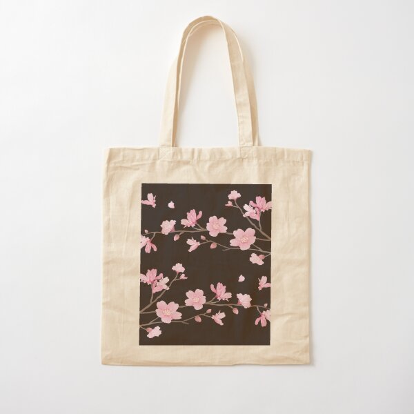 Japanese Pink Cherry Blossom Sakura Flower Black Background Tote Bag