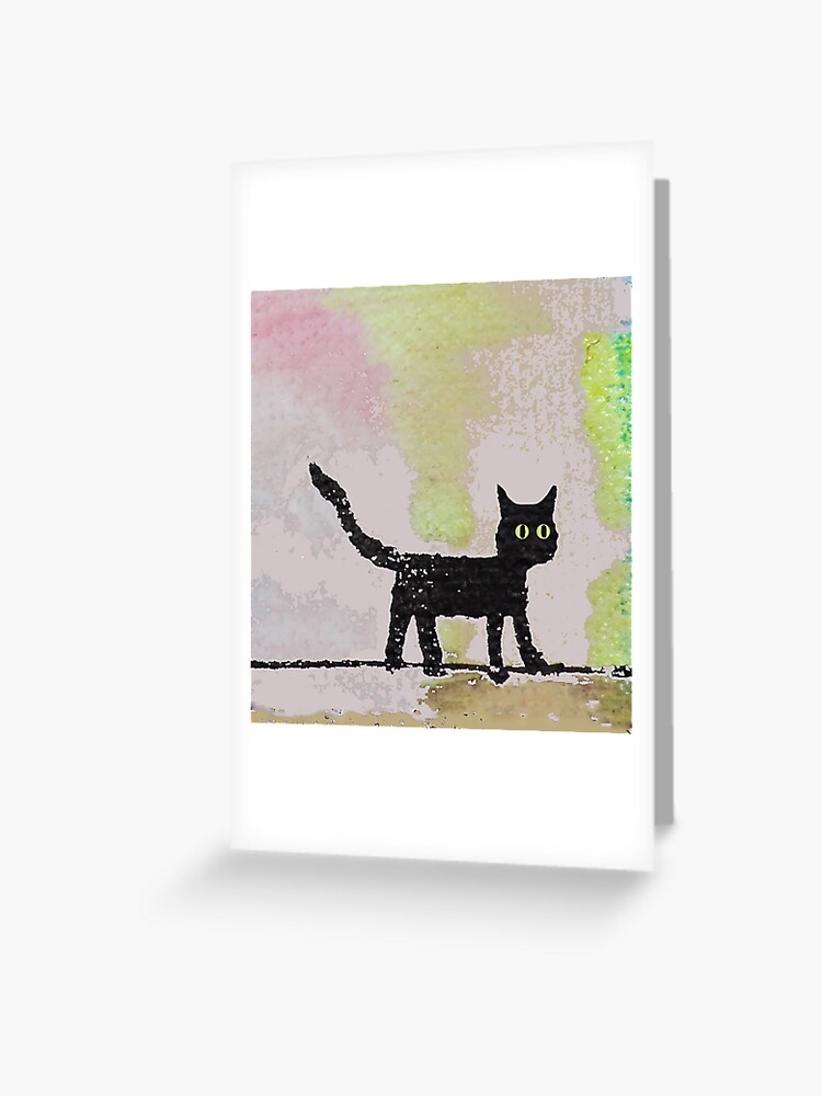 Tarjetas de felicitación « Pintura abstracta de un gato negro sobre un  fondo pastel con ojos amarillos.» de Artosaurus | Redbubble