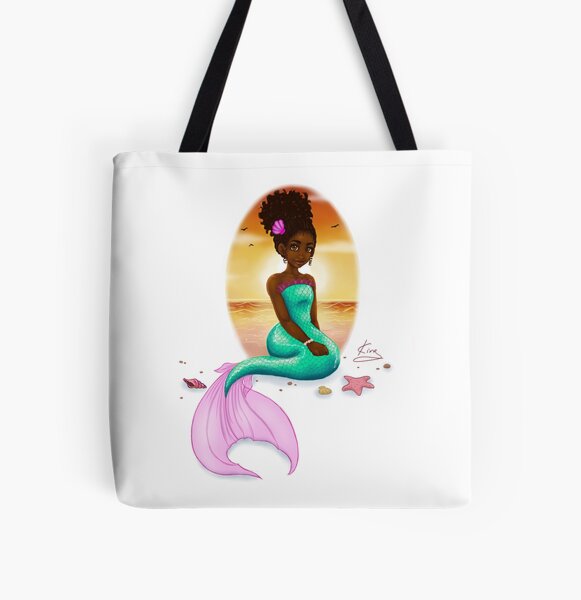 Little Black Girl Mermaid| Black Fantasy Art |Black girl art All Over Print Tote Bag