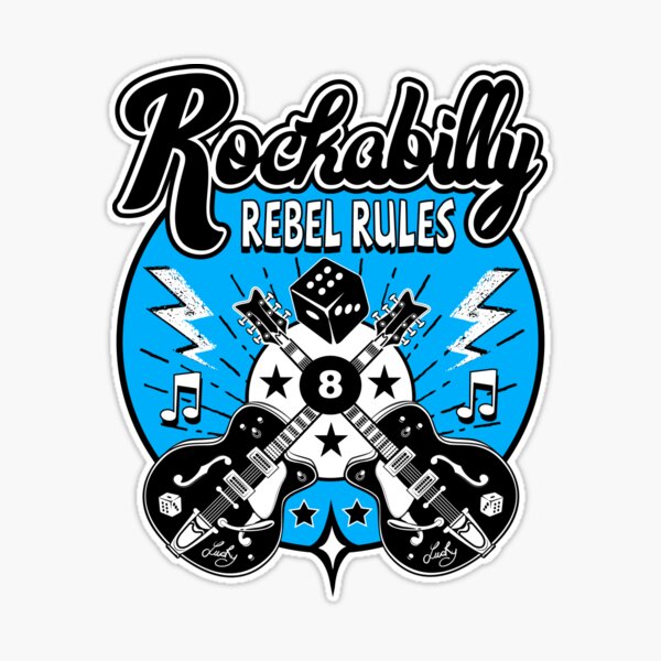 Rockabilly Rock n Roll Blue White and Black Dice Rockers Guitars Sticker  Sticker by MemphisCenter