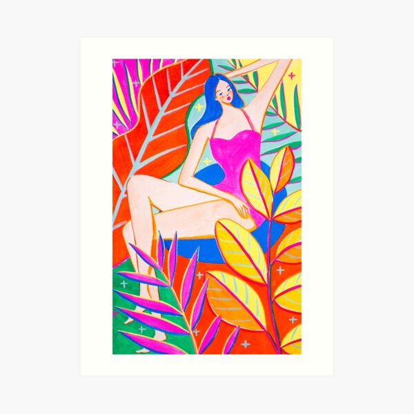 Girl and Colorful Leaves Art Print