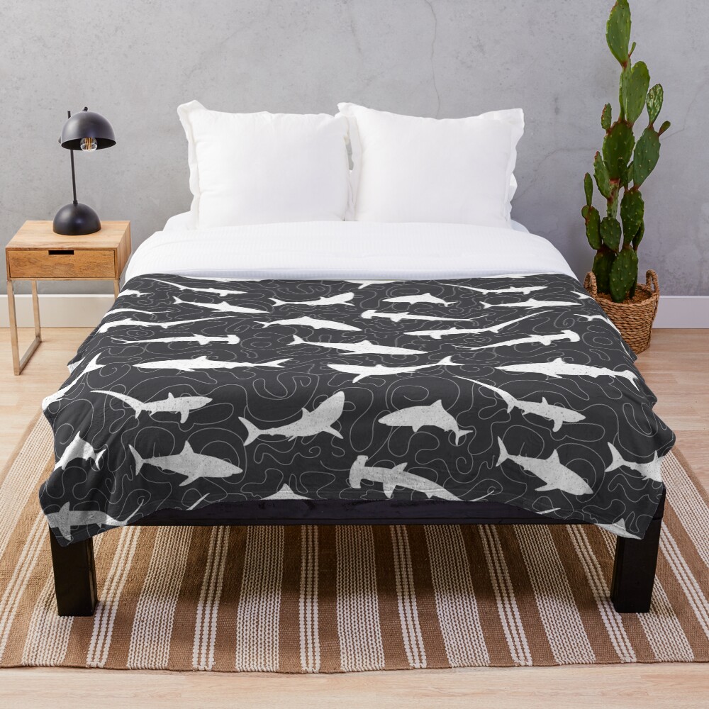 Shark Frenzy Pattern on Charcoal Grey Throw Blanket
