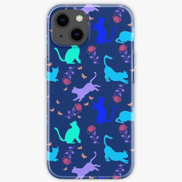 Cats, flowers and butterflies blue iPhone Soft Case
