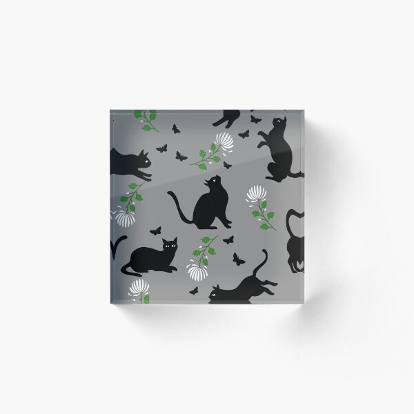 Black cats, white flowers and butterflies Acrylic Block