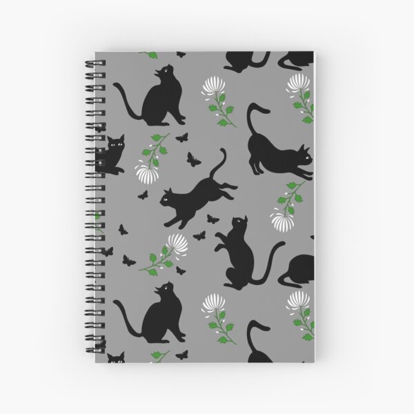 Black cats, white flowers and butterflies Spiral Notebook