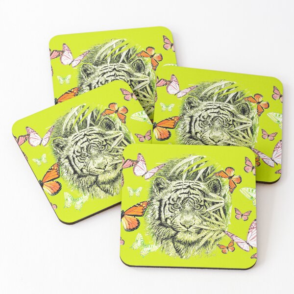 Item preview, Tiger and butterflies illustration in bright green designed and sold by GittaG74.