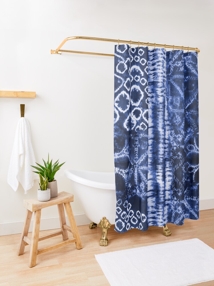 "Dark Blue Summer Tie Dye Batik Wax Tie Die Print" Shower Curtain for