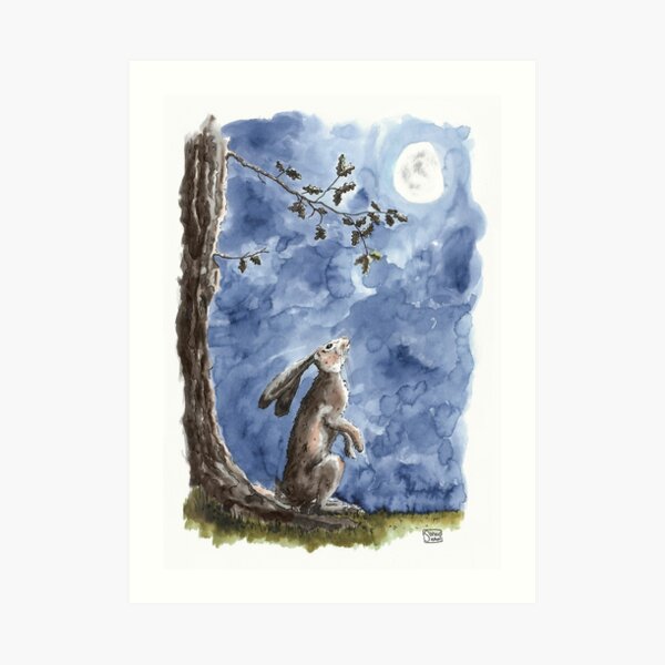 Moon-gazing Hare - watercolour illustration Art Print