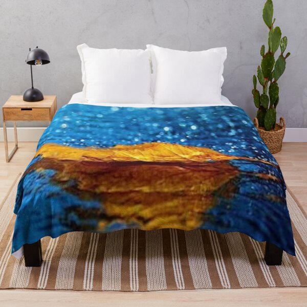 Item preview, Rain falling on an autumn leaf with reflection - blue & gold color bokeh pattern designed and sold by MindChirp.