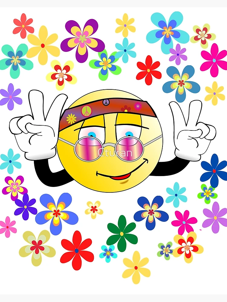 peace‥smile Peace Smiley Face Emoji and Flowers Retro Hippy 