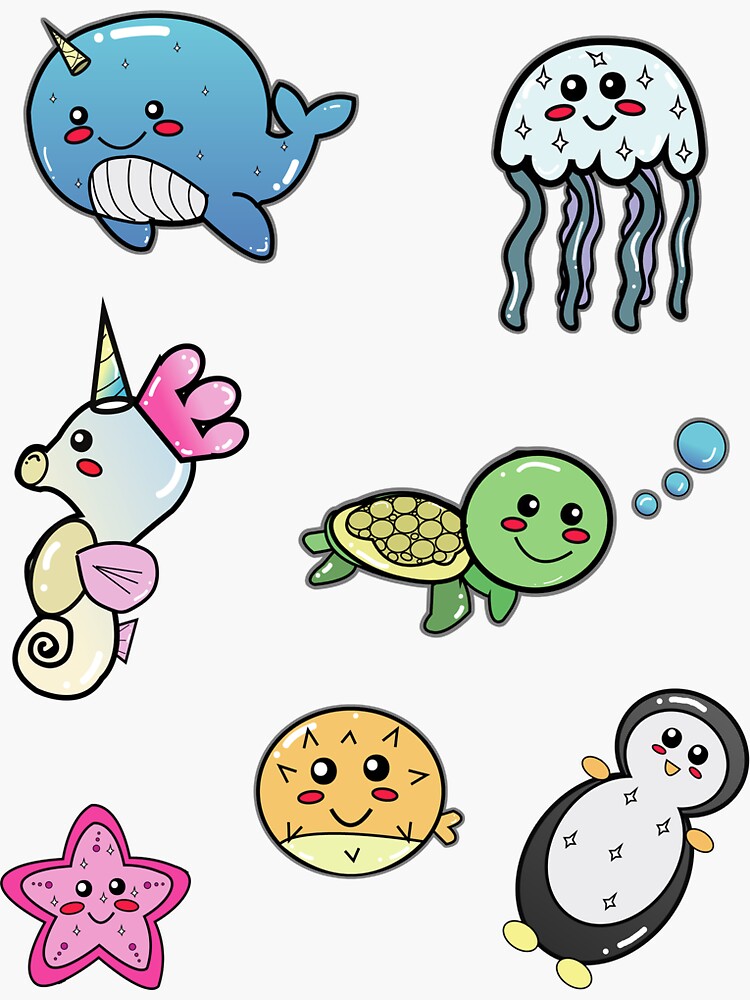 "Kawaii Sea Creatures - ( Pack of 7 ) !" Sticker by StickerlyInc