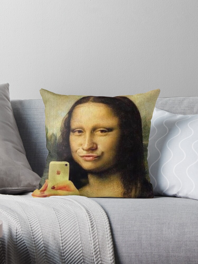 But first let me take a selfie Funny Mona Lisa selfie Pillow