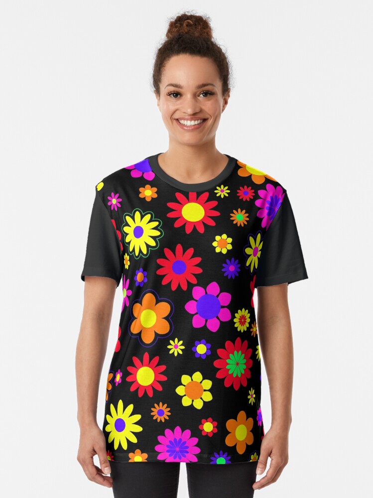 Womens Flower Power Hippie Psychedelic '70's Retro V-Neck T-Shirt