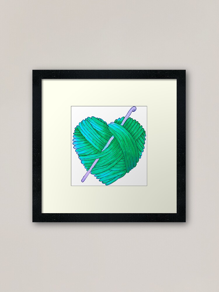 Cute Heart Ball of Yarn and Crochet Hook in Teal Green Blue | Framed Art  Print