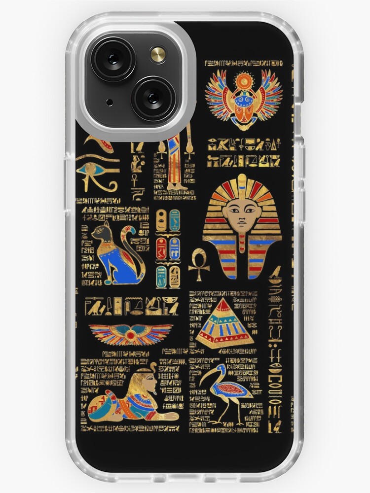 Egyptian hieroglyphs and deities on black