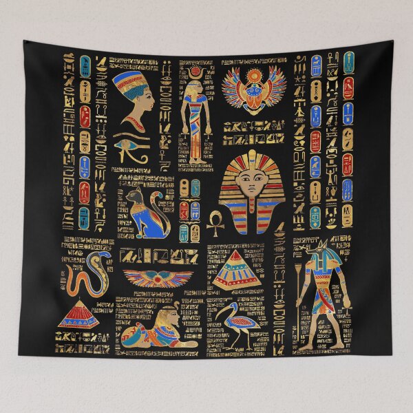Item preview, Egyptian hieroglyphs and deities on black designed and sold by k9printart.