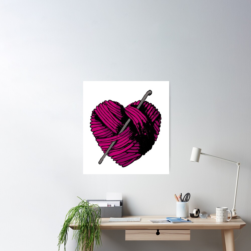 Cute Pink Heart Ball of Yarn and Crochet Hook Hooked Poster for