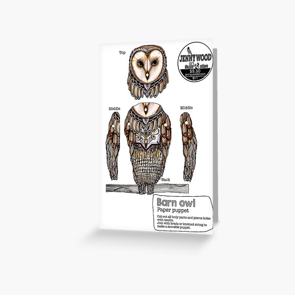 Barn owl articulated puppet card www.jennywoodart.com/paper-puppets Greeting Card