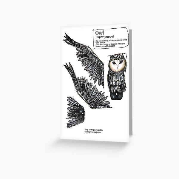 Handsome owl articulated puppet card www.jennywoodart.com/paper-puppets Greeting Card