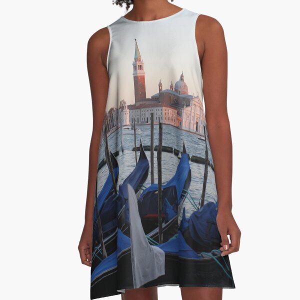 Sunset with Blue Gondolas, Venice Italy A-Line Dress
