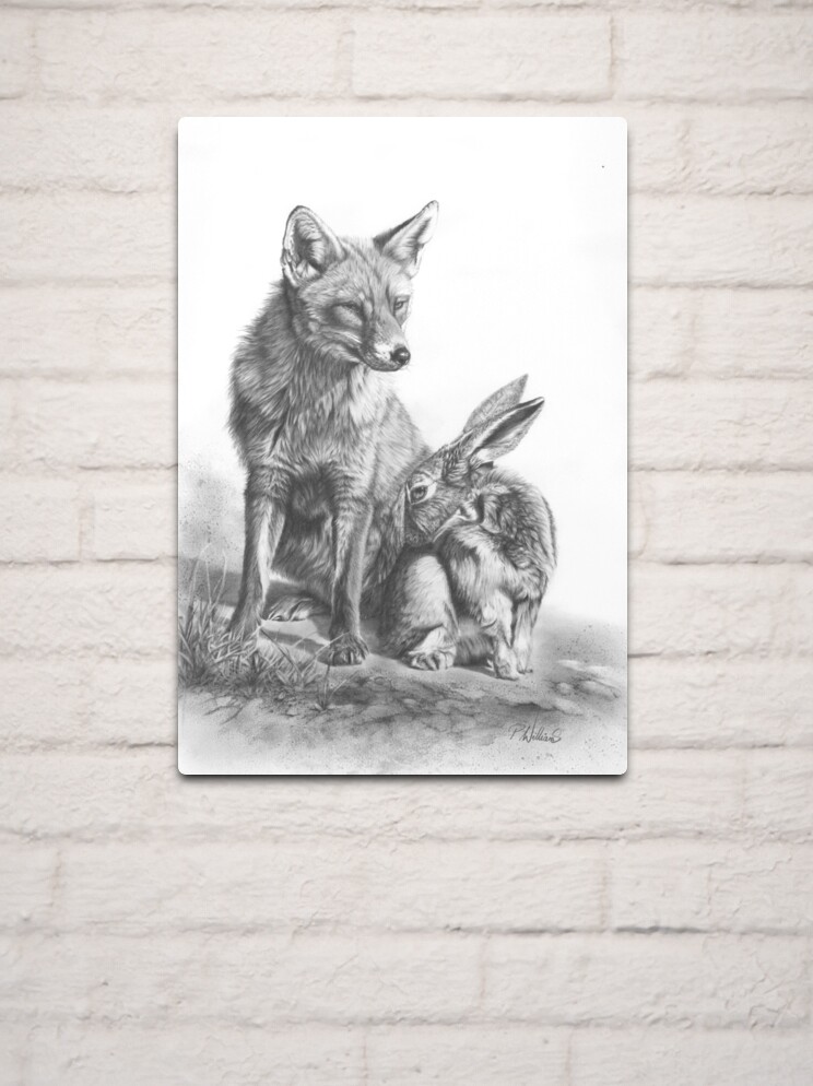 An Unlikely Alliance fox and hare pencil drawing