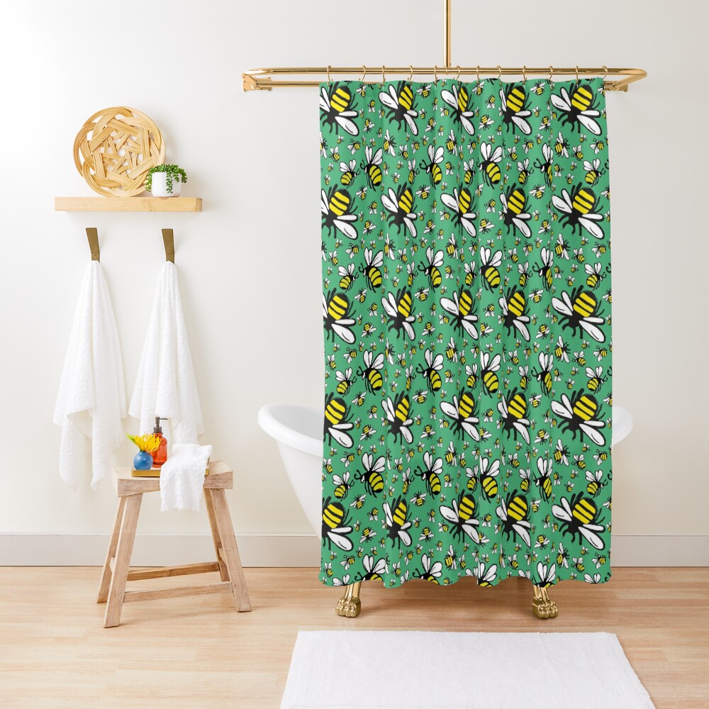 Buzzy Bee and his little ones in VIBRANT MINT GREEN Shower Curtain
