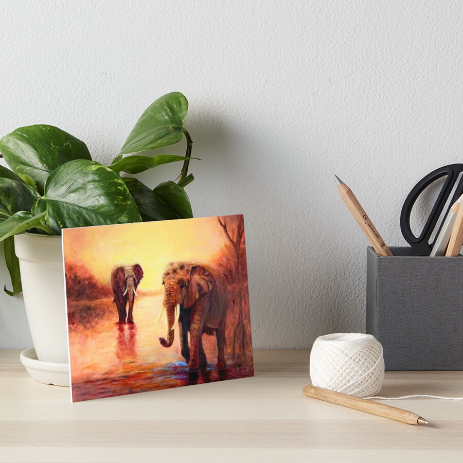 African Elephants at Sunset Art Board Print