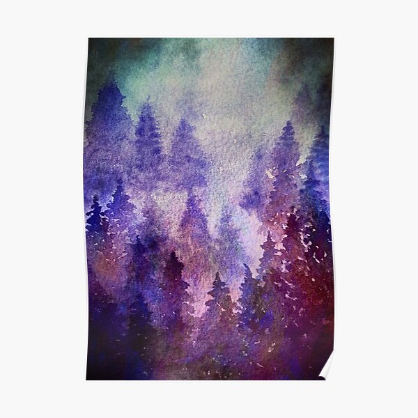 Purple and blue watercolor pine forest Poster