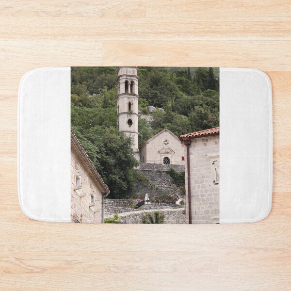 Item preview, old stone houses and stone church tower Perast town Montenegro designed and sold by goceris.