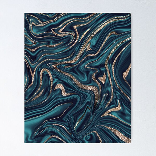 Abstract Acrylic Marble Paint Pattern Texture #1 - Blue, Gold Art Print